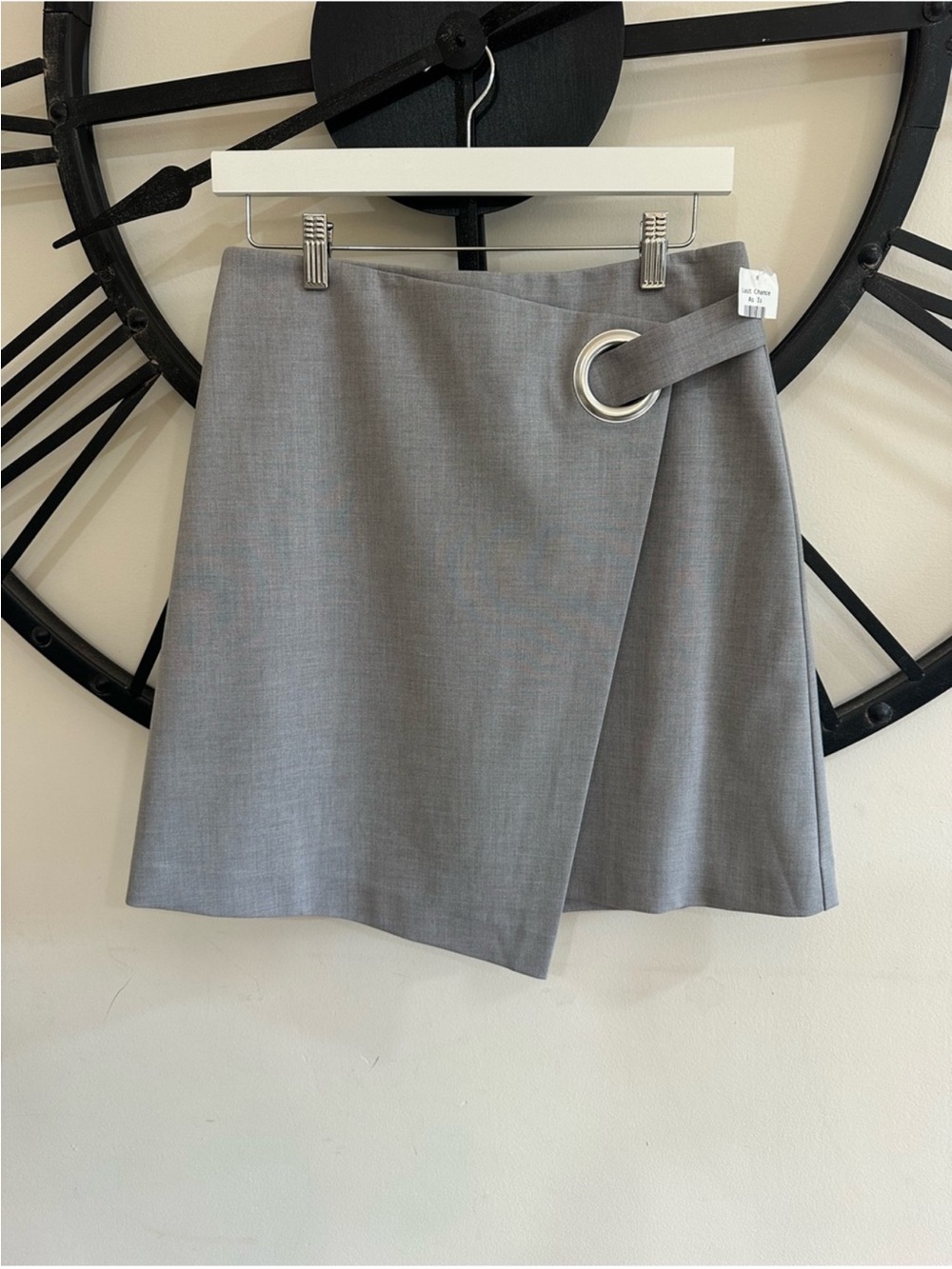 Halogen Gray Mini Wrap Skirt with Silver O-Ring Accent